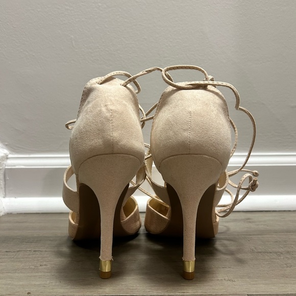 Tie up Tan faux suede & snake skin print point toe heels - Picture 2 of 4